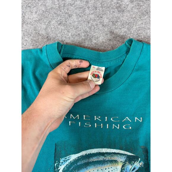 VINTAGE American Fishing Shirt Mens XL Blue Graphic Short Sleeve Tee Streetwear - Picture 5 of 6